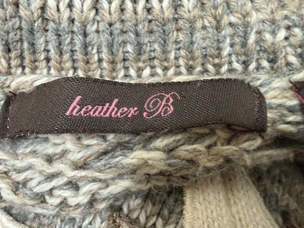 heather B Women's Neutral Toned Cable Knit Long Sleeve Sweater with Floral Appli